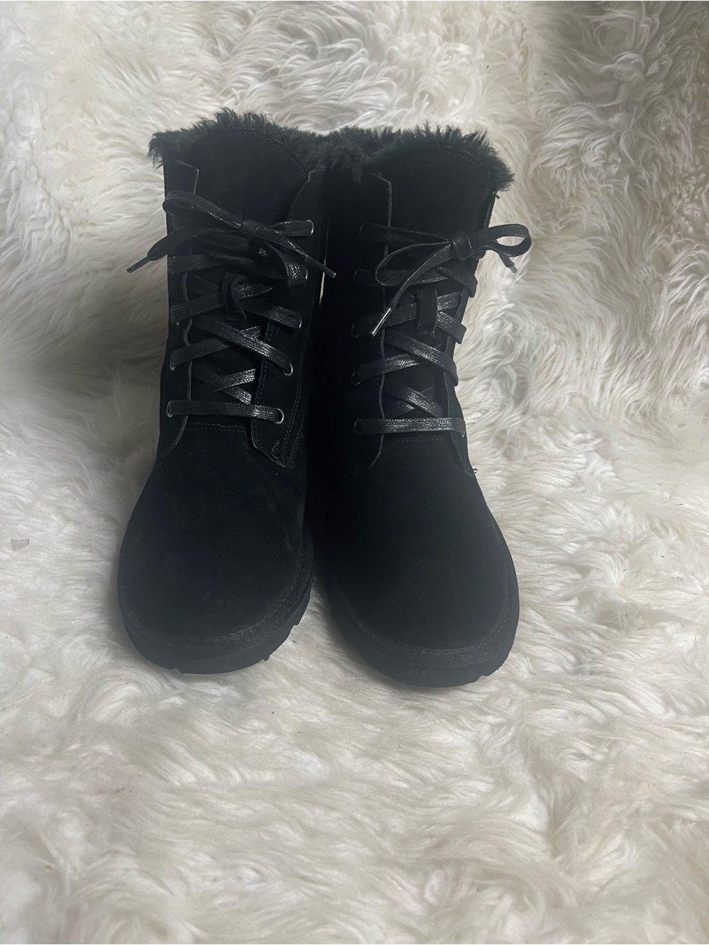Style & Co leather suede Black Faux Fur Lace-Up Winter Boots - Women SZ11M